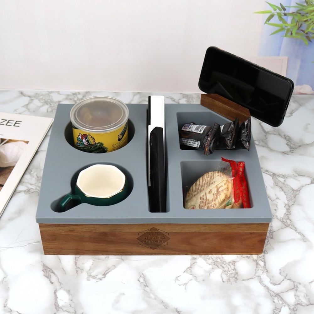 Silicone Acacia Wooden Couch Cup Holder Tray-New